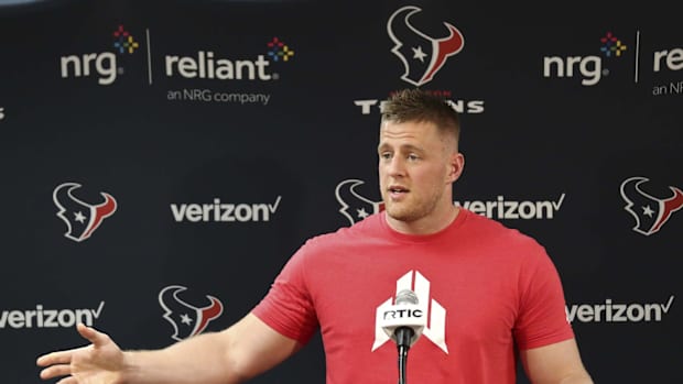 Jun 11, 2019; Houston, TX, USA; Houston Texans defensive end JJ Watt (99) talks to the media during a press conference in the media room at NRG Stadium.